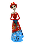A papier-mâché skeleton figurine wearing a red dress and hat with blue and multicolor painted details.