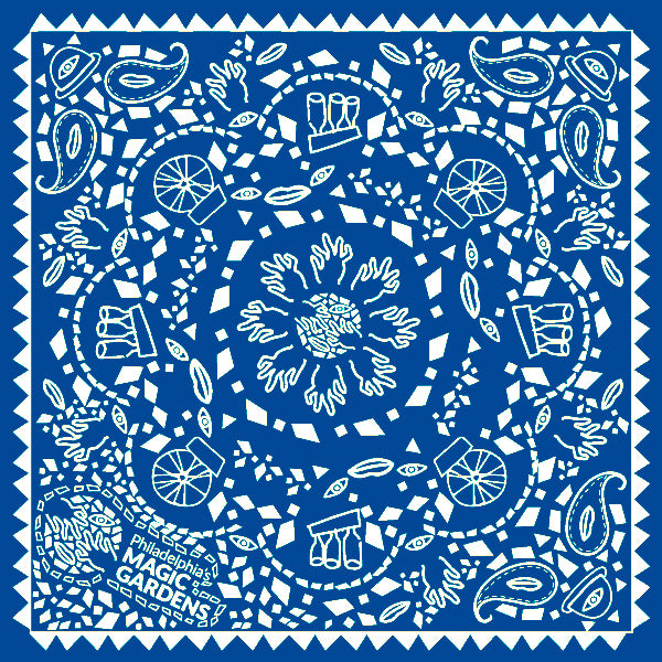 Blue bandana with white mosaic patterns 