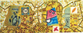Mosaic panels with abstract figures and geometric shapes on a yellow background