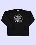 Black crew neck sweatshirt with white ink featuring PMG's logo