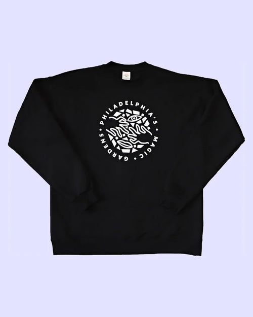 Black crew neck sweatshirt with white ink featuring PMG's logo