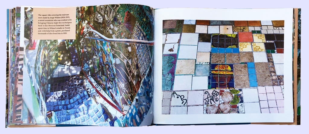 Open book with full-page images of the Magic Gardens Museum