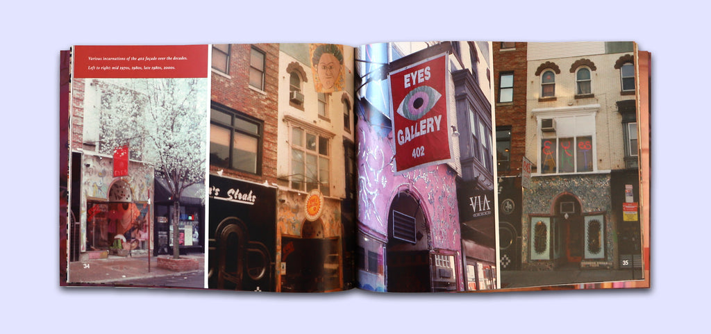 Open book showing images of of the exterior of the Eye's Gallery over the years.