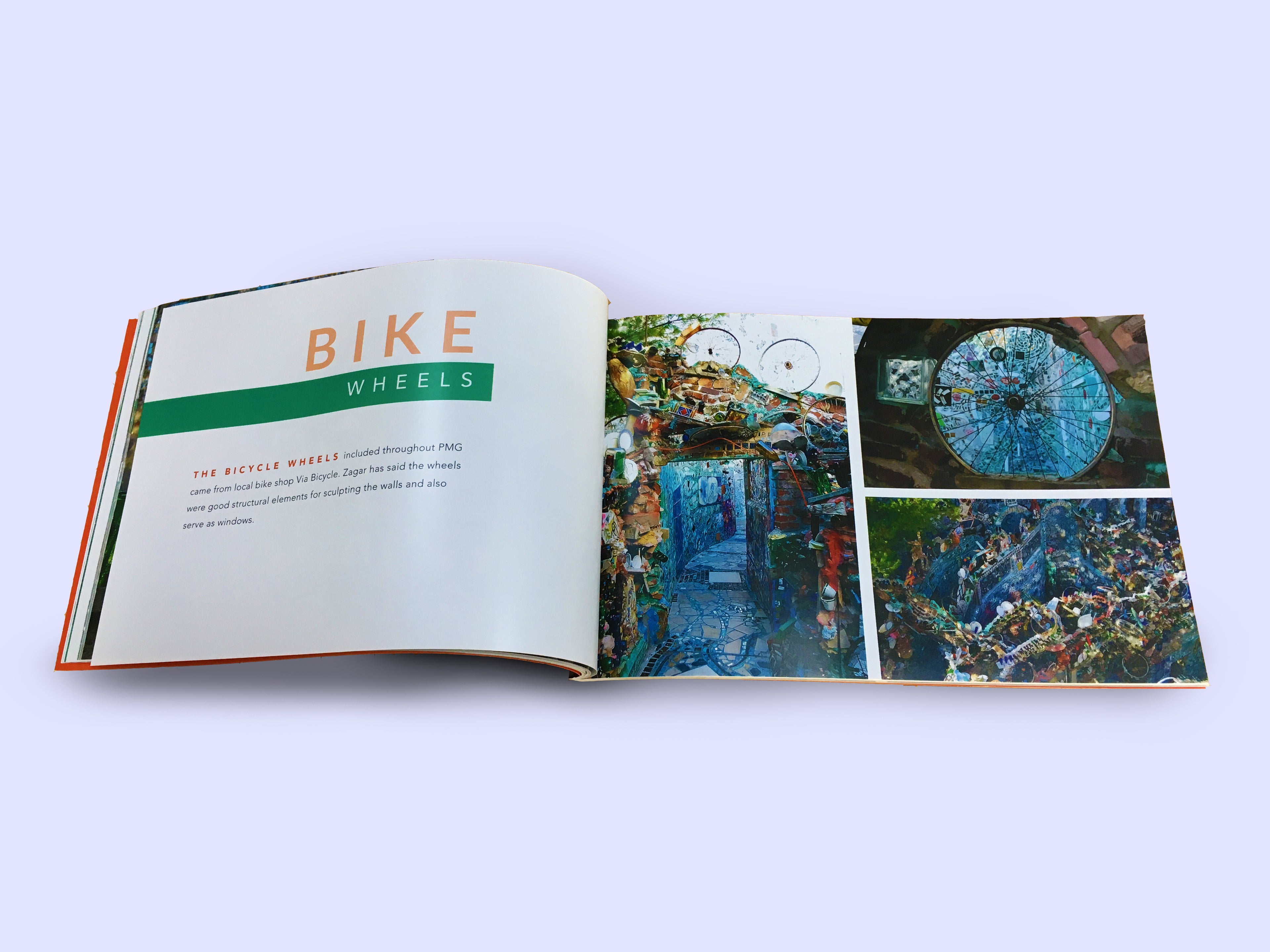 Open book with images of bike wheels at Philadelphia's Magic Gardens.