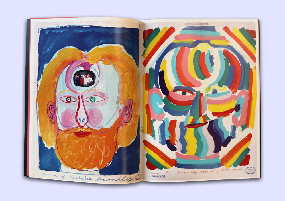Open book displaying colorful self-portraits by Isaiah Zagar