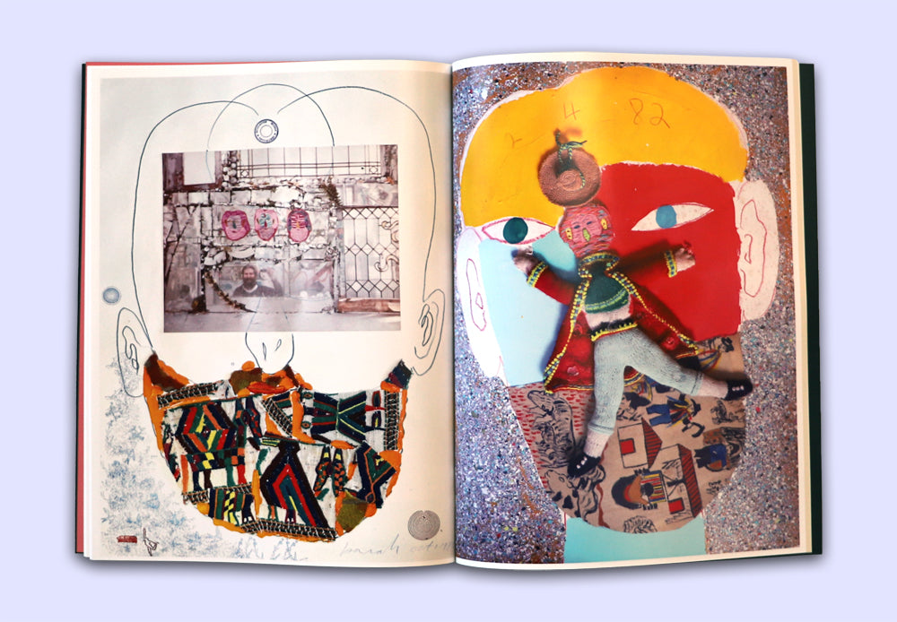 Open book with self-portraits of Isaiah Zagar.
