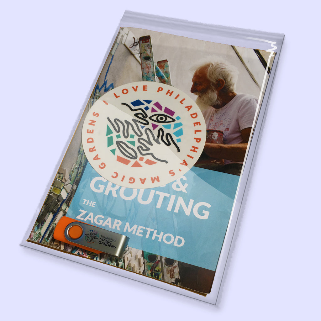 Tiling & Grouting Booklet with Philadelphia Magic Gardens sticker and USB flash drive.