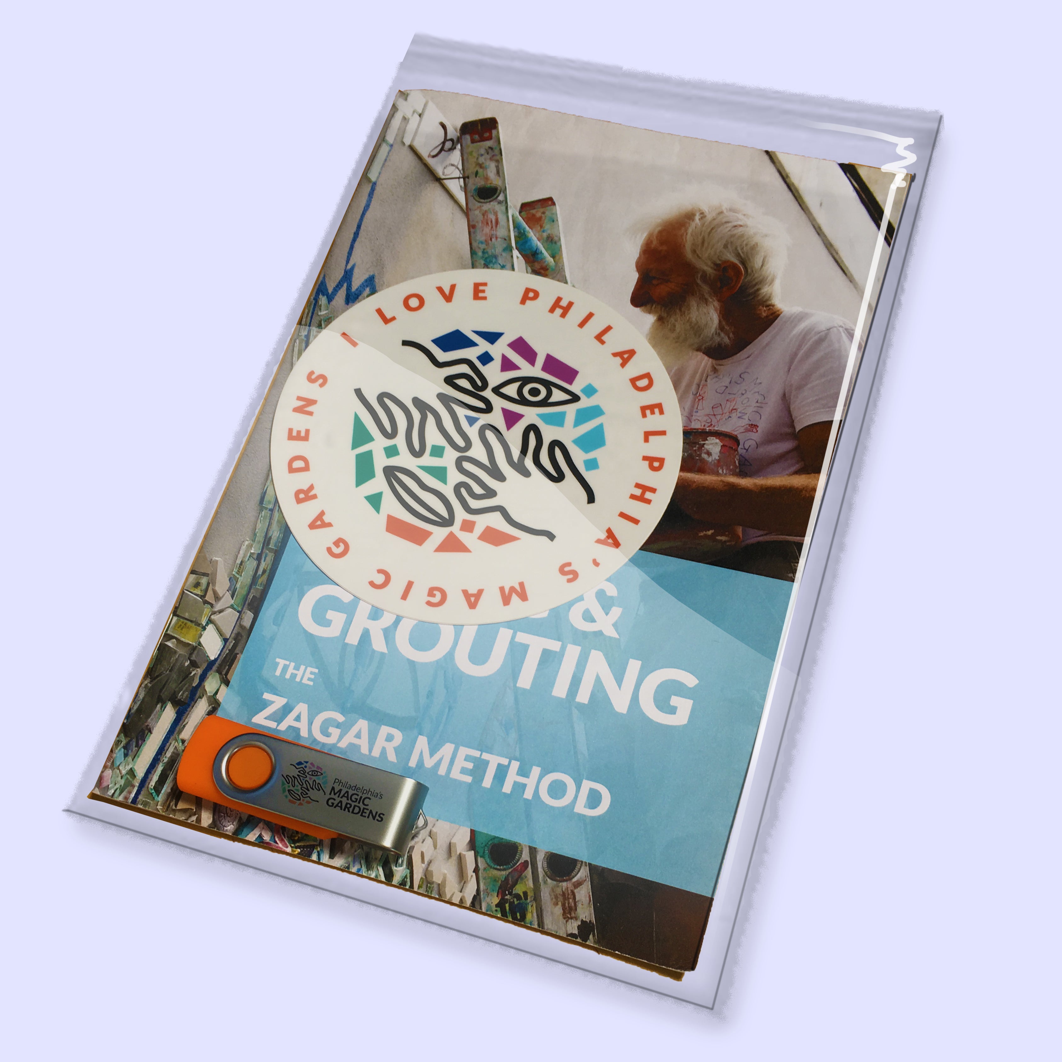 Tiling & Grouting Booklet with Philadelphia Magic Gardens sticker and USB flash drive.