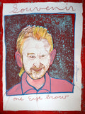 Artistic self-portrait with 'Souvenir: one eye brow' text on a red textured background