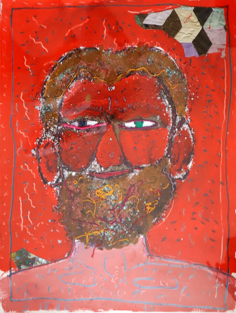 Self-portrait of Isaiah Zagar with a red face on a red background