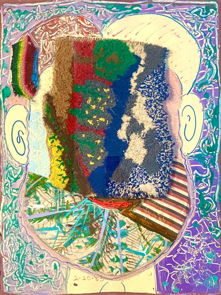 Colorful abstract self-portrait with a textile over the face and a decorative background