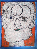 Self-portrait of Isaiah Zagar using bits of paint chips for the face on a red background. 
