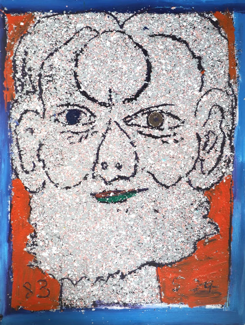 Self-portrait of Isaiah Zagar using bits of paint chips for the face on a red background. 