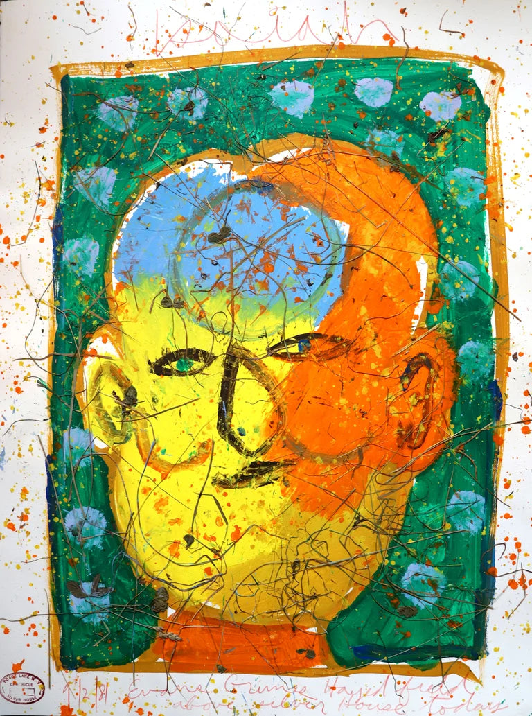 Orange and yellow painted self-portrait on a green and blue background.