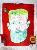 Self portrait on a red background mixed media