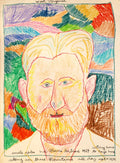 Self portrait in crayon on a colorful patchwork background. 