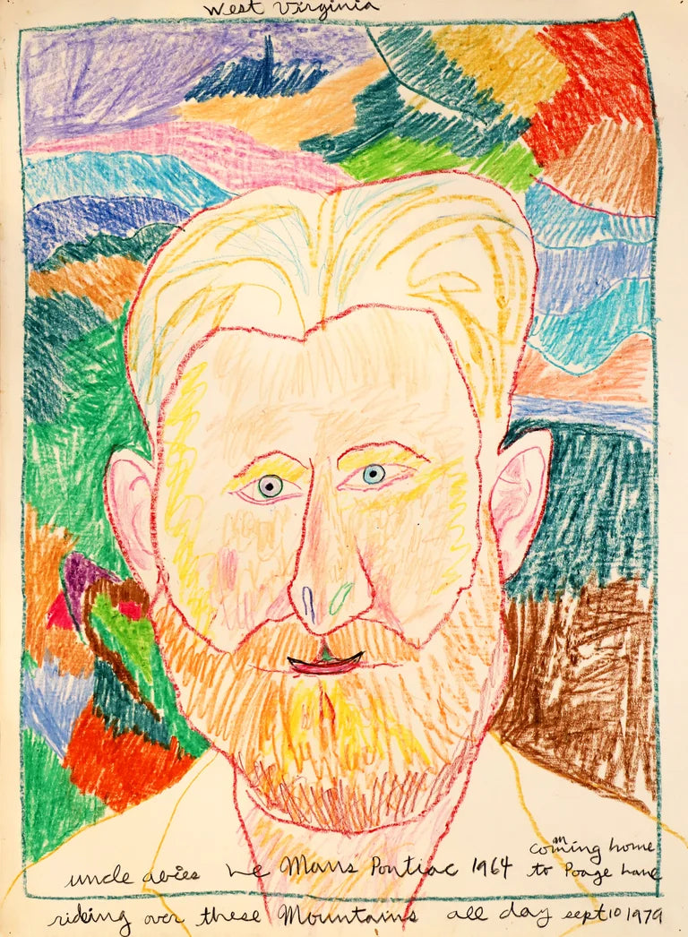 Self portrait in crayon on a colorful patchwork background. 