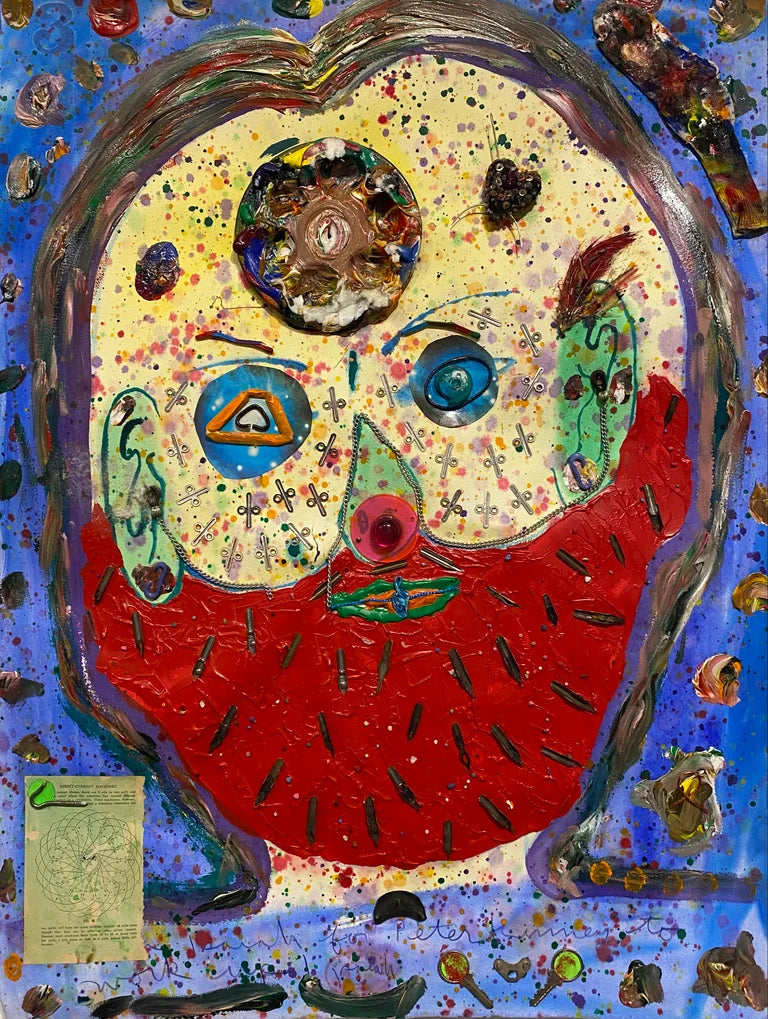Abstract mixed media self portrait on a blue background