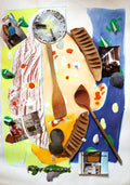 Collage with kitchen utensils and photographs on a colorful background