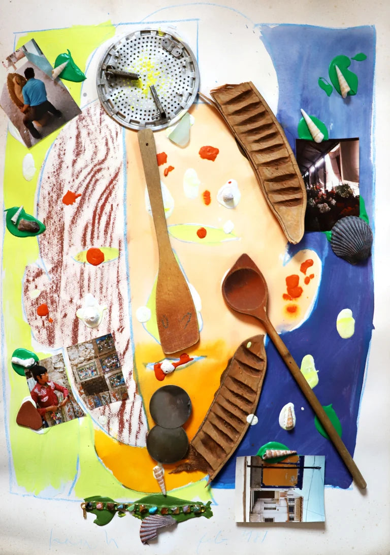 Collage with kitchen utensils and photographs on a colorful background