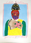 Self portrait using textiles for the shirt and hat. Text reads "Isaiah formal portrait."
