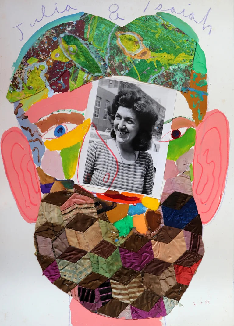 Collage of a face with colorful patterns and a black and white photo of Julia Zagar in the center. Text above the face reads "Julia & Isaiah."
