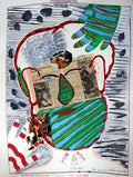 Self portrait with striped hands and a newspaper clipping on the face. 