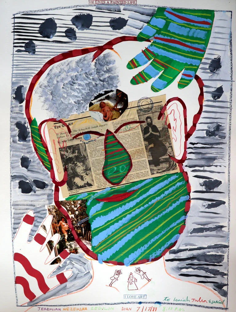 Self portrait with striped hands and a newspaper clipping on the face. 