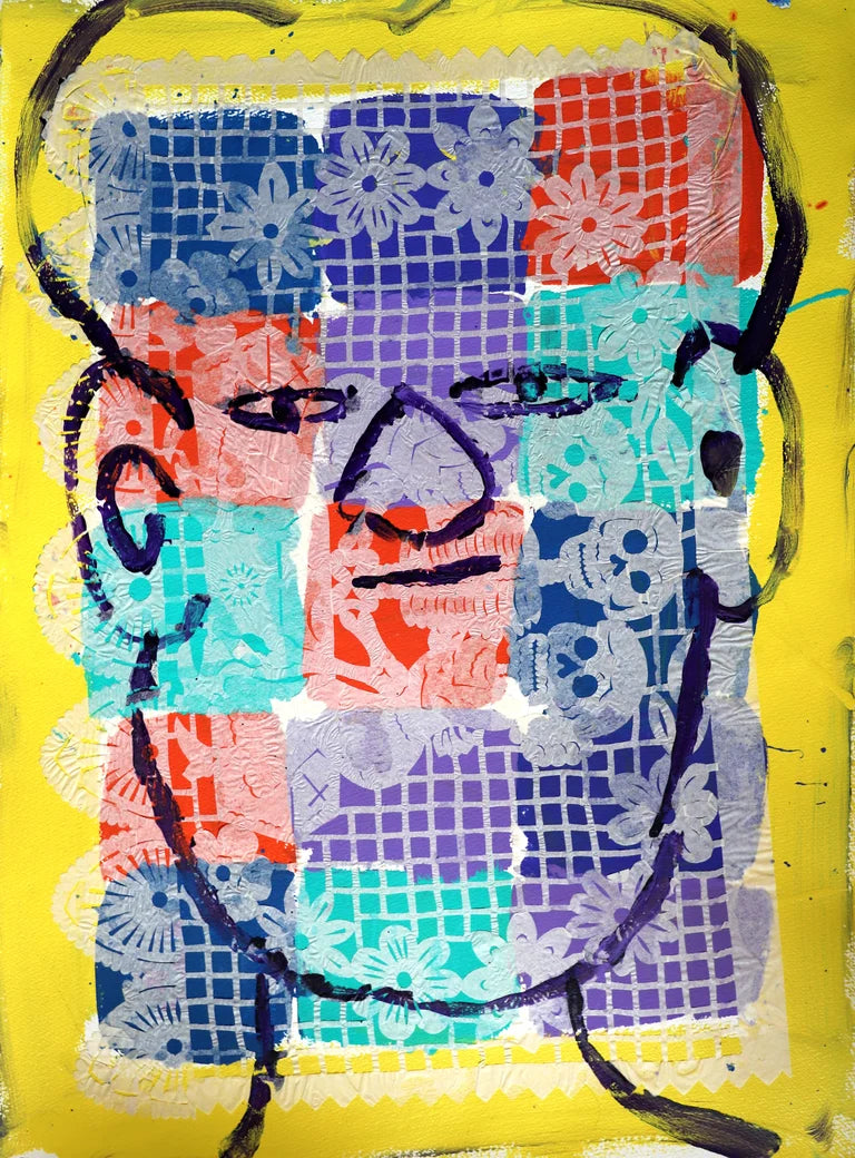 Self portrait of Isaiah Zagar using papel picado on a yellow background.