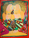 Self portrait of Isaiah Zagar with a striped beard and textile flowers. 