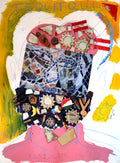 Abstract mixed media self portrait of Isaiah Zagar with mosaic-like design and text 'TEQUITQUI' at the top.