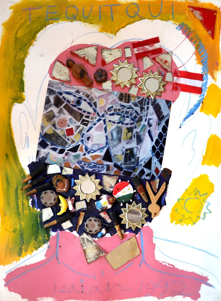 Abstract mixed media self portrait of Isaiah Zagar with mosaic-like design and text 'TEQUITQUI' at the top.