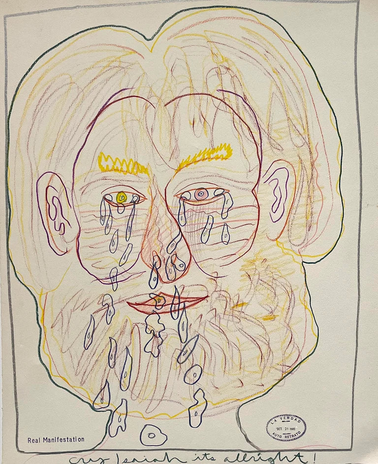 Self portrait of Isaiah Zagar crying. Text reads "Cry Isaiah its allright!"