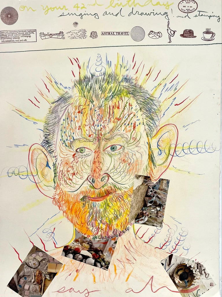 Self portrait of Isaiah Zagar using text, stamps, and photographs. 