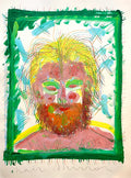 Colorful self portrait painting of Isaiah Zagar with a green border. Text reads "hair mirror."