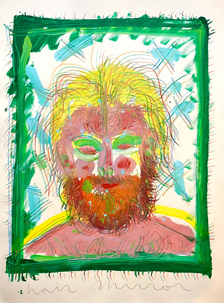 Colorful self portrait painting of Isaiah Zagar with a green border. Text reads "hair mirror."