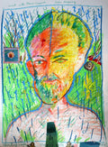 Self portrait of Isaiah Zagar with an exaggerated head and rain. 