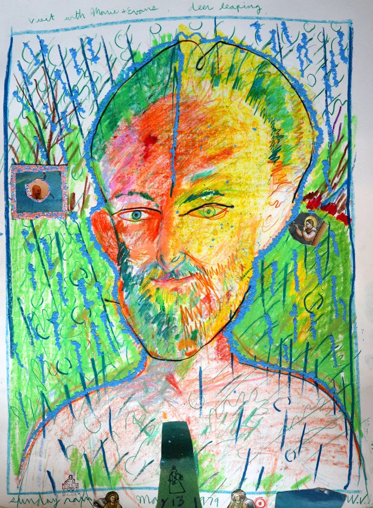 Self portrait of Isaiah Zagar with an exaggerated head and rain. 