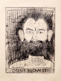 Black and white etching of Isaiah Zagar's face with text 'DON'T BLOW IT' at the bottom.