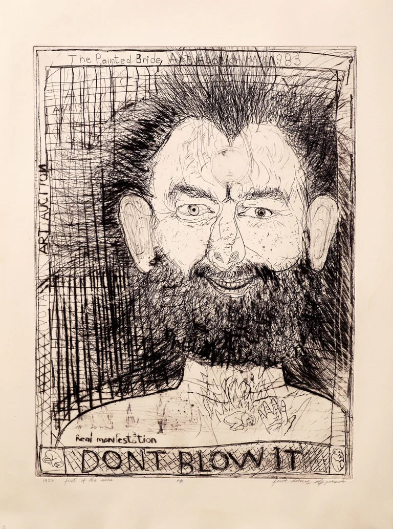 Black and white etching of Isaiah Zagar's face with text 'DON'T BLOW IT' at the bottom.
