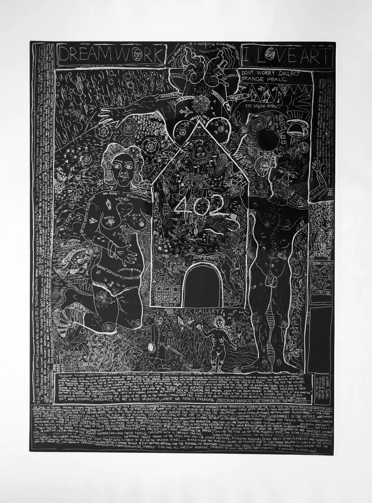 Black and white etching of Isaiah and Julia Zagar with the Eye's Gallery building in the middle. The image contains white text on a black background. 