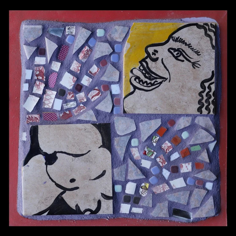 Small panel mosaic with abstract hands, a face, and a nude body. 