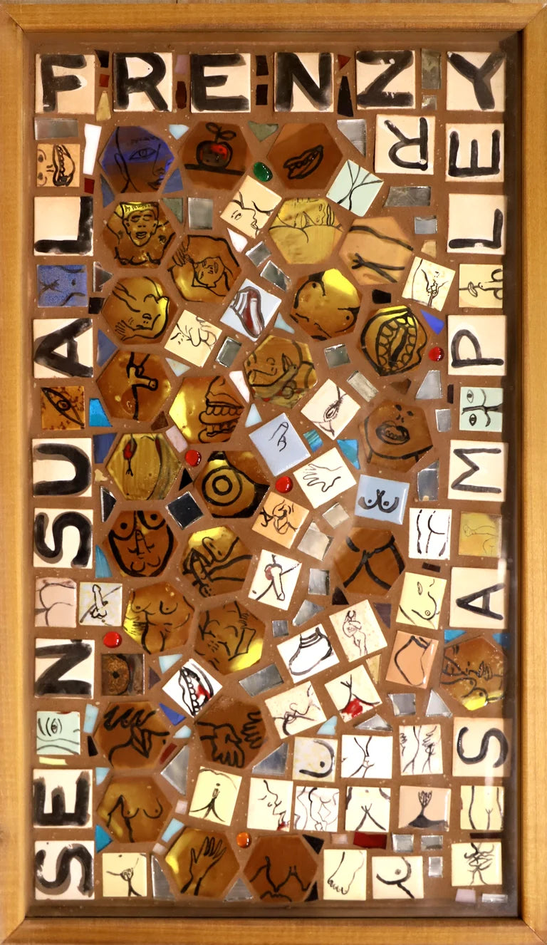 Framed mosaic with the words "sensual frenzy sampler" on it. Small tiles depict various body parts. 