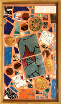 Framed mosaic with various tiles, some with bodies painted on them, on orange grout. 