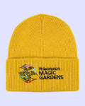 Yellow knit beanie with 'Philadelphia's Magic Gardens' embroidered logo.