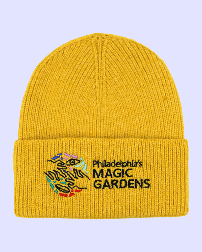 Yellow knit beanie with 'Philadelphia's Magic Gardens' embroidered logo.