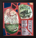 Mosaic panel with a tile stamped with the word 'India,' a Ganesh tile, and other decorative elements on a red background.