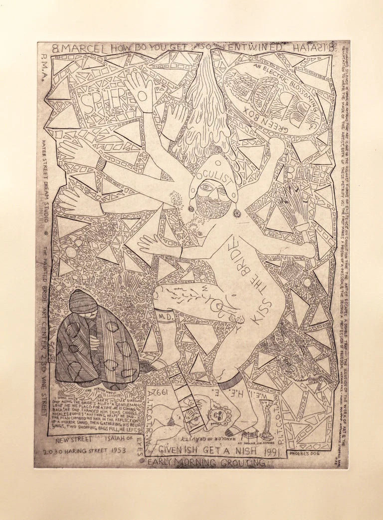 Etching with a portrait of Isaiah Zagar with geometric shapes and text.
