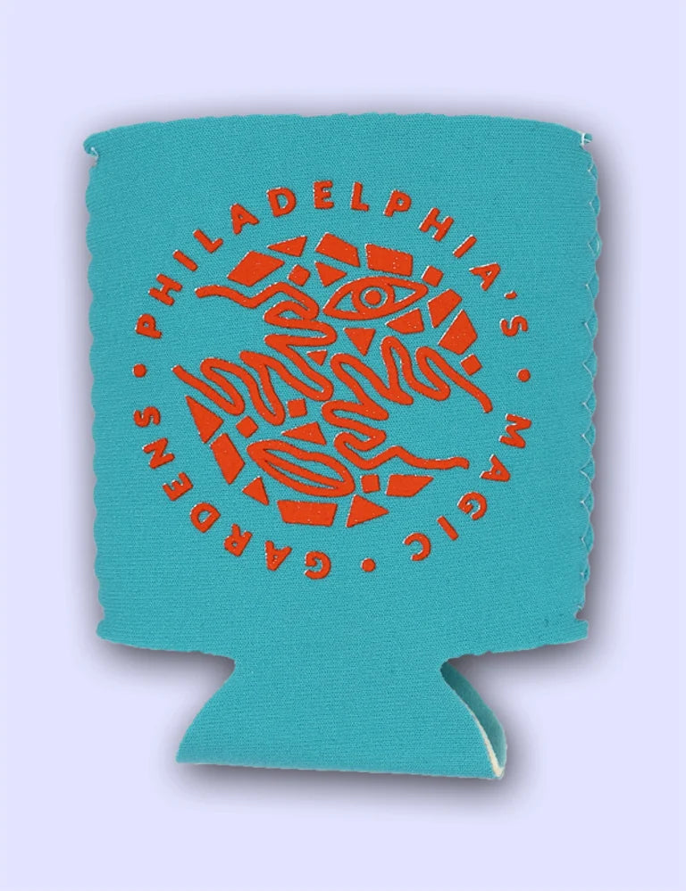 Teal can koozie with PMG's logo in orange