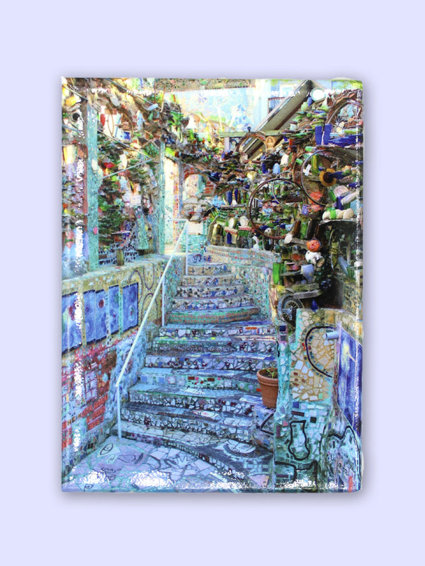 2.5" x 3.5" refrigerator magnet featuring a photograph of a mosaicked staircase at Philadelphia's Magic Gardens